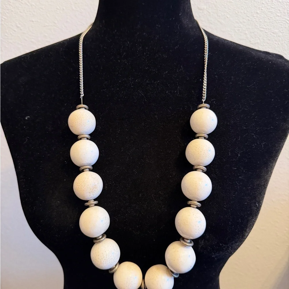 Chunky White Bead Statement Necklace | Heavy Silver Tone